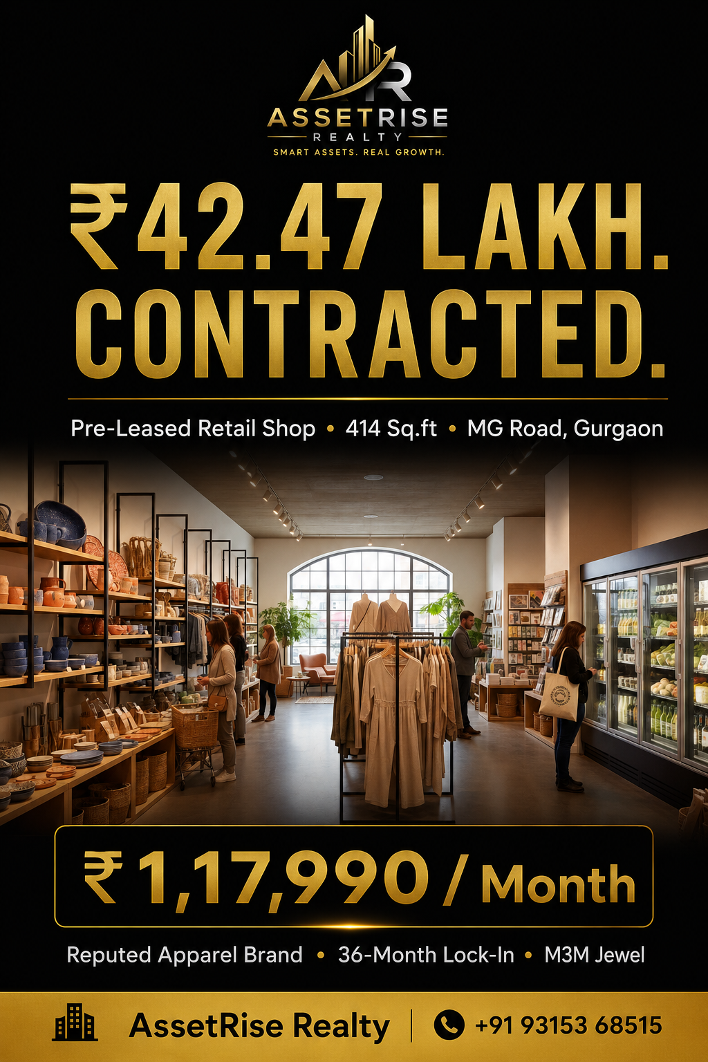 Pre-Leased Retail Shop, 414 Sq.ft — M3M Jewel, MG Road, Gurgaon | Commercial Property