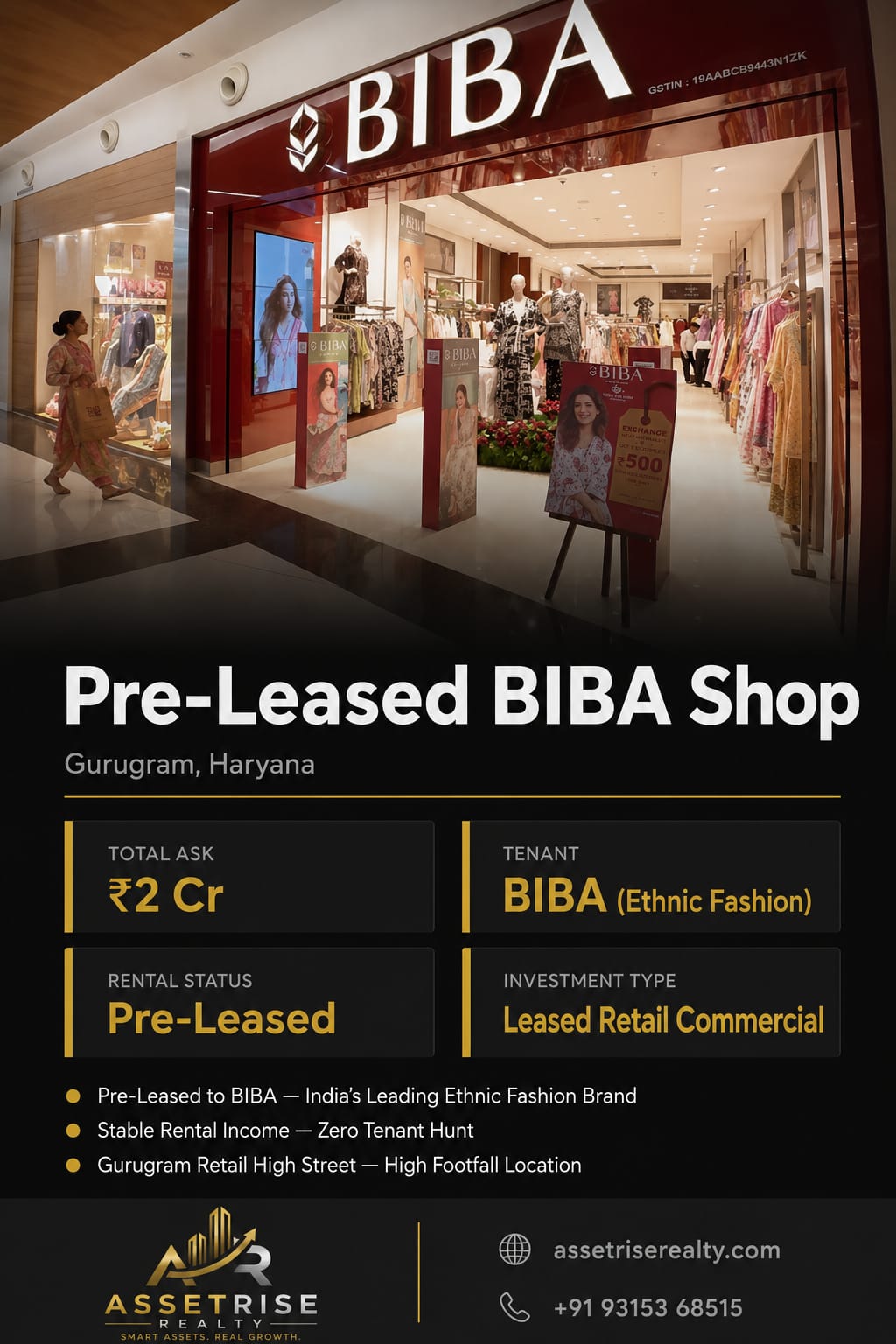 Pre-Leased BIBA Shop — Gurugram | Leased Commercial Investment