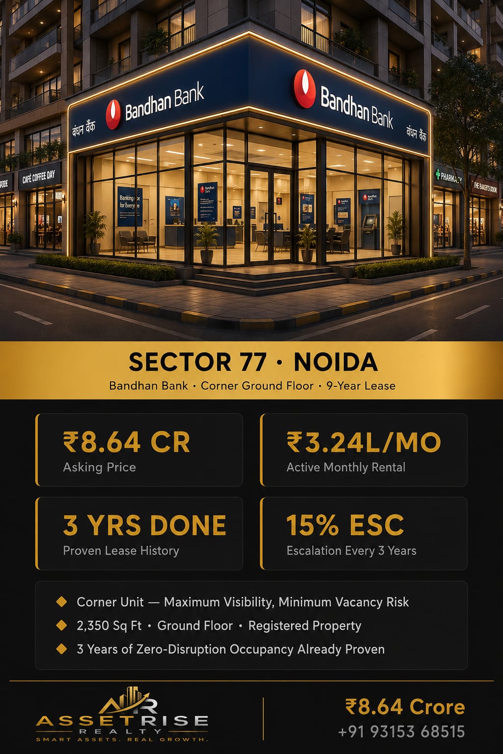 Pre-Leased Bandhan Bank — Corner Unit, 9-Year Lease | Sector 77, Noida